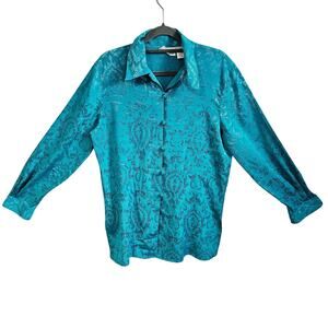 Christie & Jill Women's S Ikat Print Blouse Teal Blue Button Up Retro Eclectic